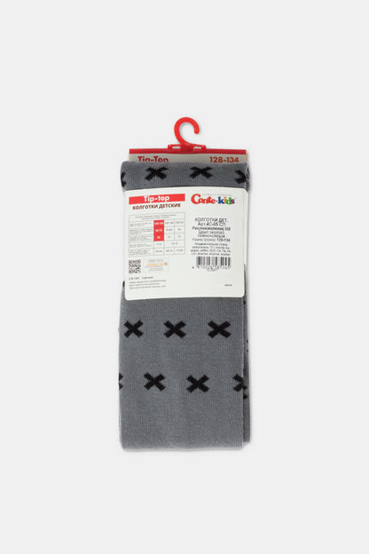 A pair of grey children's tights with a repeating black cross-stitch pattern, hanging from a red plastic hanger with product information labels attached to the front.