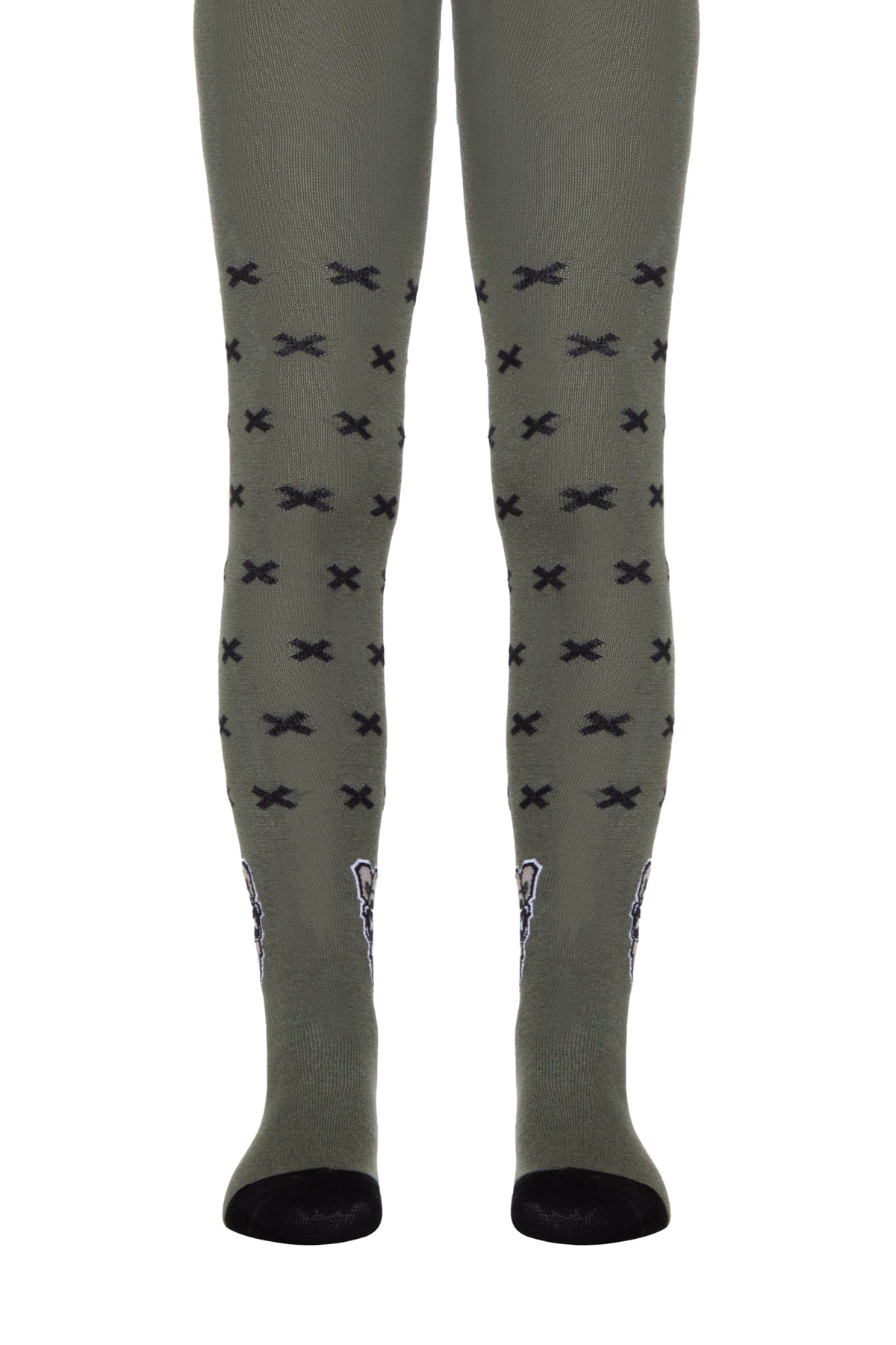 Olive green leggings featuring a repeating pattern of small black crosses and a graphic illustration on the lower outer calves.