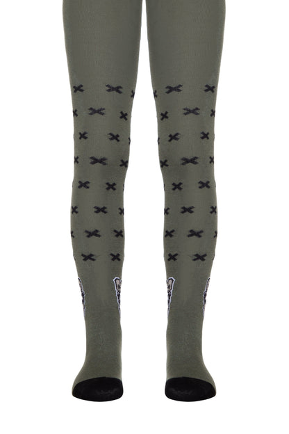 Olive green leggings featuring a repeating pattern of small black crosses and a graphic illustration on the lower outer calves.