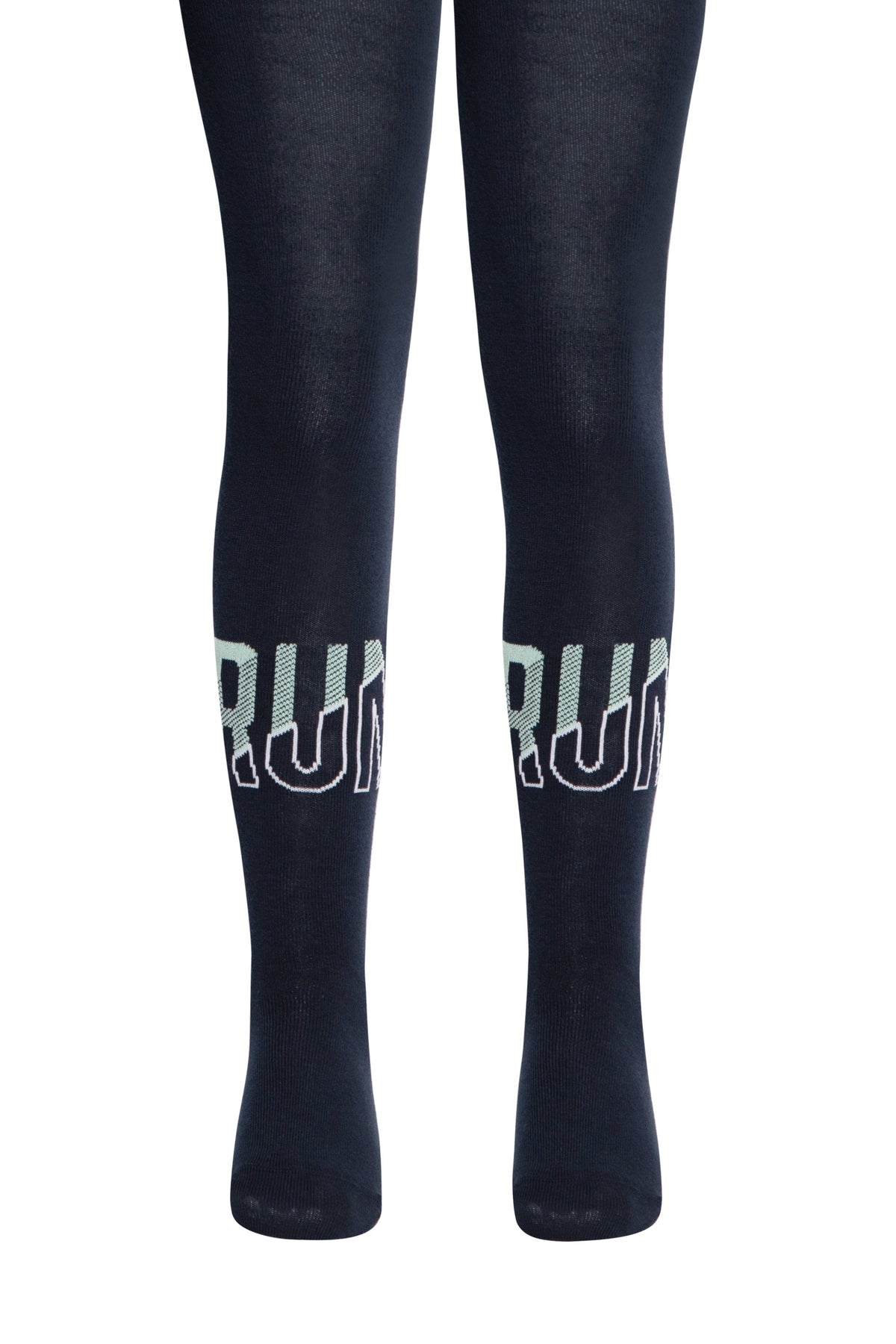 A pair of dark navy leggings or tights featuring the word RUN printed in a light green and white font on the mid-calf area.