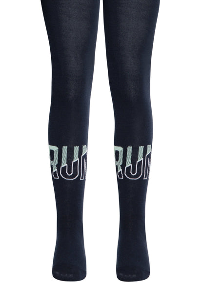 A pair of dark navy leggings or tights featuring the word RUN printed in a light green and white font on the mid-calf area.