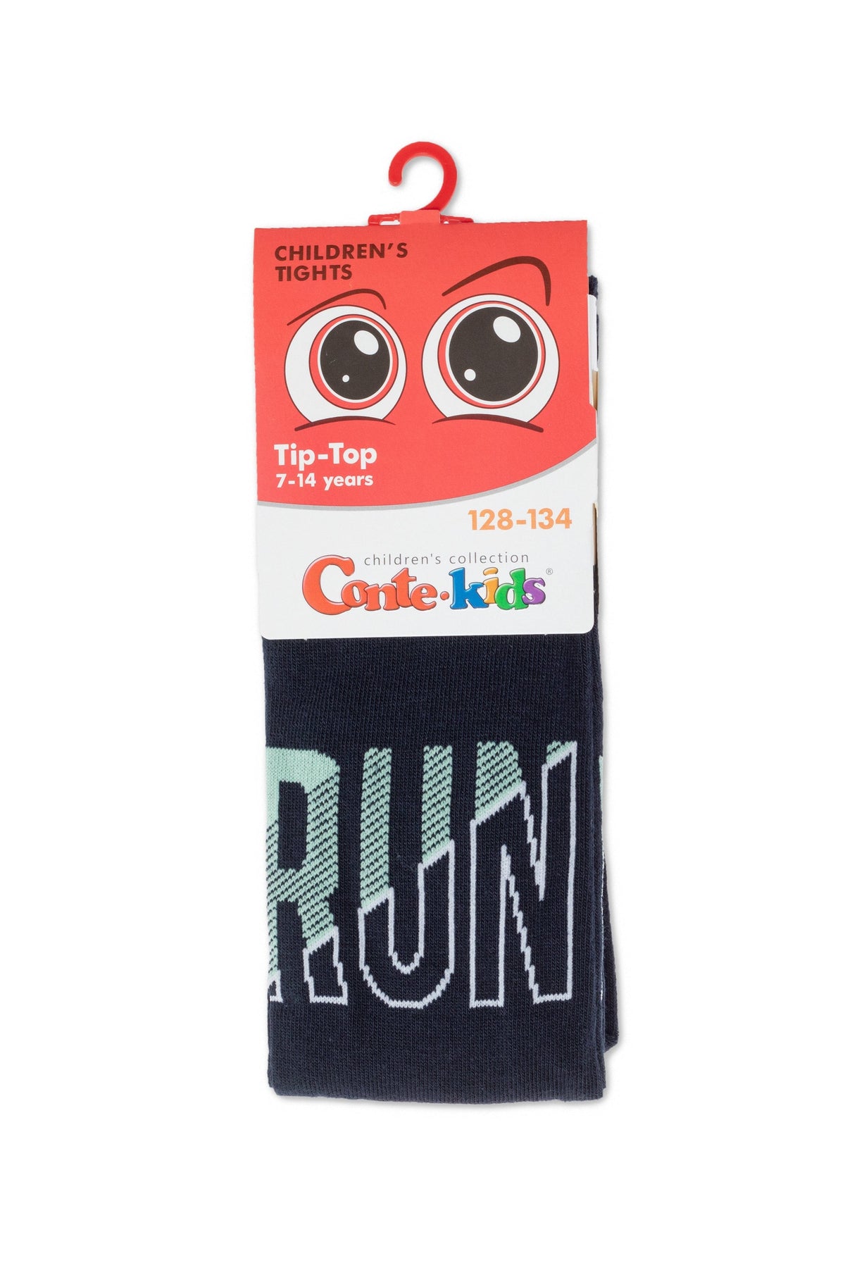 A pair of navy blue children's tights with the word RUN printed in large, light blue letters on the lower leg, packaged with a red header card featuring cartoon eyes.