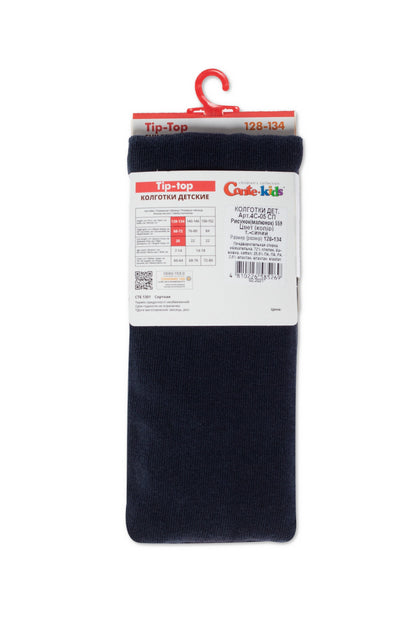 A pair of folded dark navy blue children's tights hang from a plastic red hanger on a white background, featuring a cardboard product tag at the top with size and specification details.