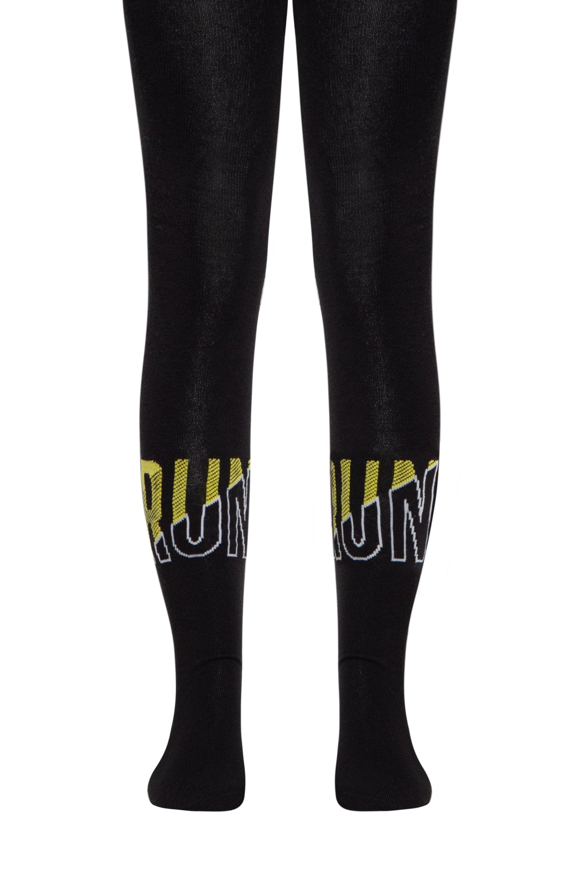Black leggings featuring the word RUN printed in yellow and white pixelated text across the lower legs.