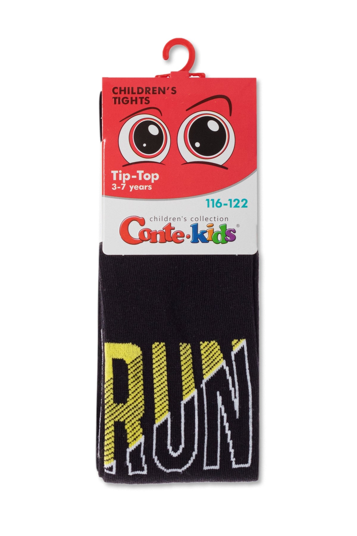 A pair of black children's tights featuring the word RUN printed in large, stylized yellow and white letters on a product header card with a cartoon eye illustration.