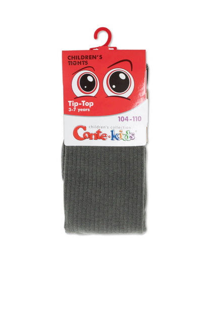 A pair of folded grey children's tights on a hanger with a red cardboard tag featuring cartoon eyes and the text Tip-Top.