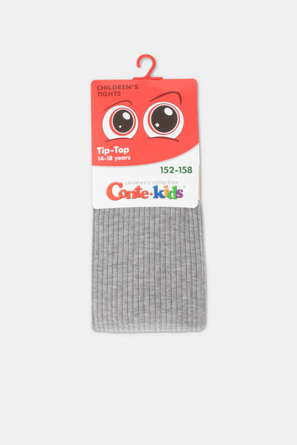 A pair of folded grey ribbed tights are displayed on a white hanger with a red cardboard tag featuring cartoon eyes and the label Tip-Top for ages 14-18.