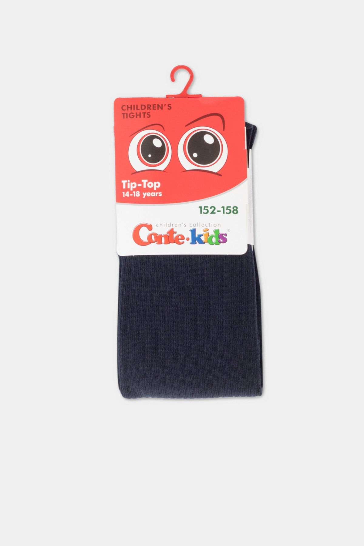 A pair of navy blue children's tights folded and packaged with a branded cardboard hanger featuring a pair of cartoon eyes at the top.