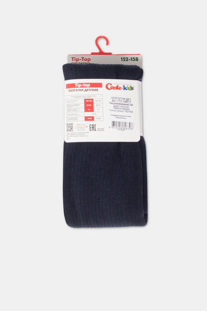 A pair of navy blue children's tights packaged with a branded cardboard header and information label showing size 152-158.