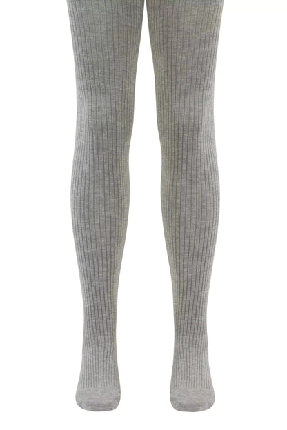 A pair of grey ribbed leggings shown against a plain white background.