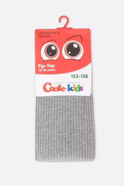 A pair of folded light grey ribbed children's tights on a hanger with a red packaging label featuring cartoon eyes and the brand name Conte-kids.