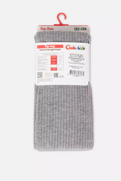 A pair of light grey ribbed children's tights with a white product information label attached at the top against a plain light background.