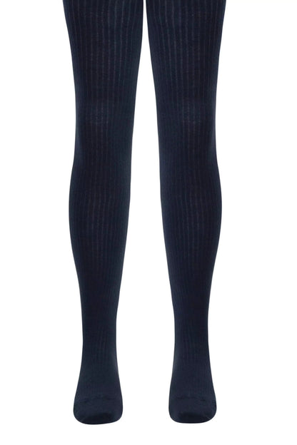 A pair of opaque navy blue ribbed tights shown on a mannequin's legs against a white background.