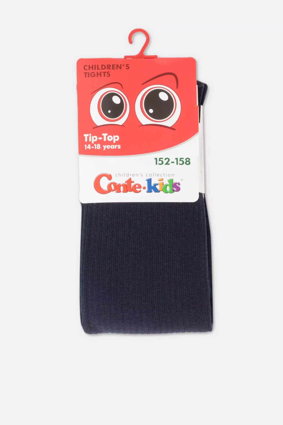A pair of plain dark navy blue children's tights hanging on a red plastic hook with a branded cardboard header card.