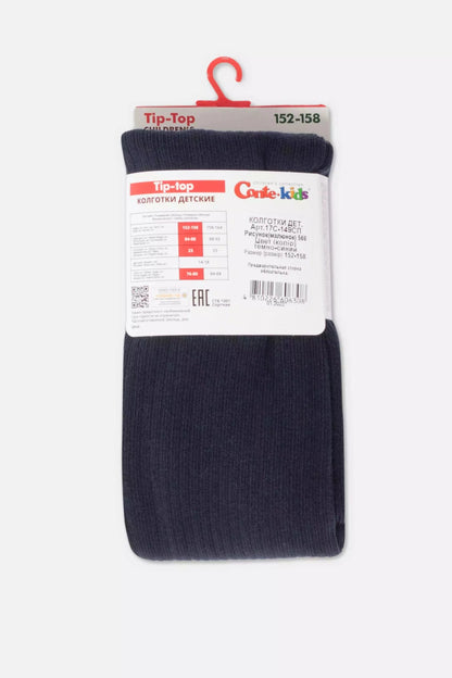 A pair of navy blue children's tights presented on a cardboard hanger with product information labels attached to the top.