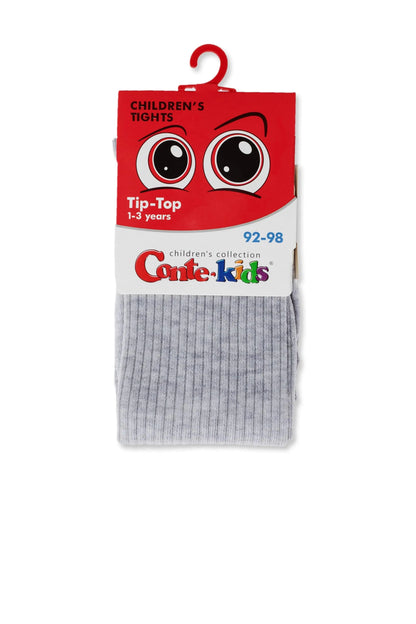 Gray ribbed children's tights packaged with a branded red cardboard header featuring a cartoon eye illustration.