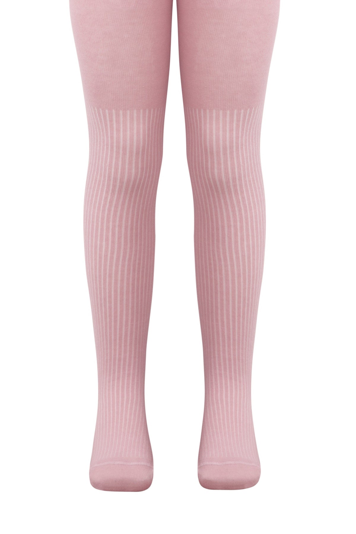 A pair of dusty pink ribbed tights worn on a person's legs, shown from the waist down against a white background.
