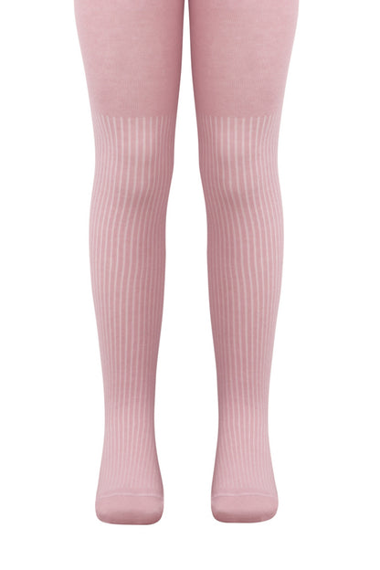 A pair of dusty pink ribbed tights worn on a person's legs, shown from the waist down against a white background.