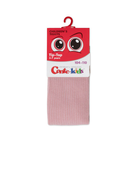 Pink ribbed children's tights hanging on a red plastic hook with a red and white branded header card featuring cartoon eyes.