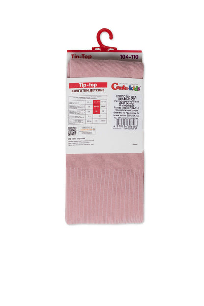 Folded children's tights in a solid dusty rose pink color hanging from a red plastic hanger with product information labels printed on the packaging.