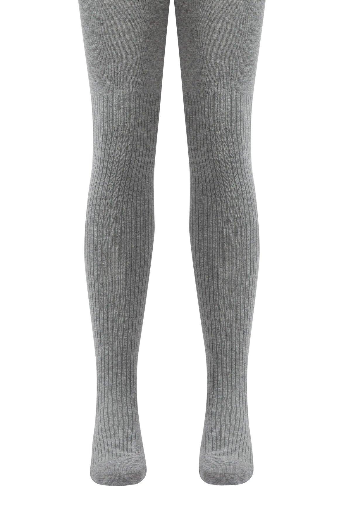 Grey ribbed tights for legs shown against a plain white background.