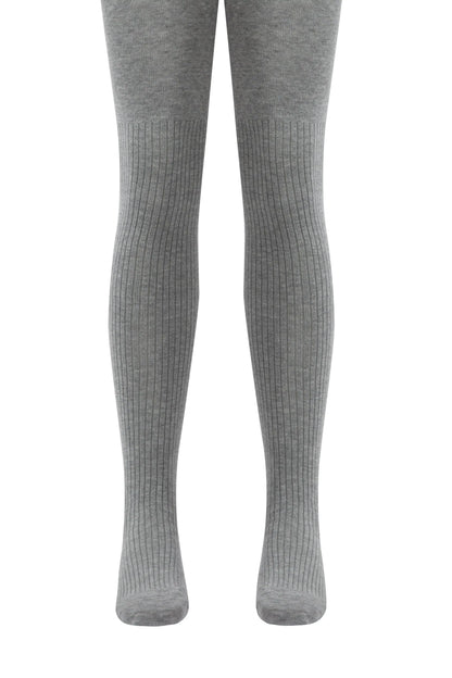 Grey ribbed tights for legs shown against a plain white background.