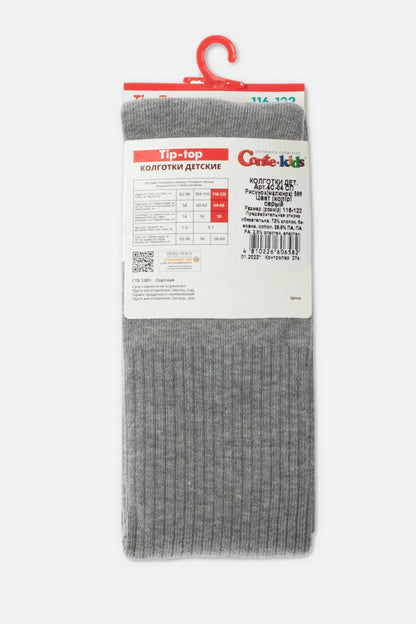 A pair of folded grey children's tights with a red plastic hanger and a product information label attached to the top.