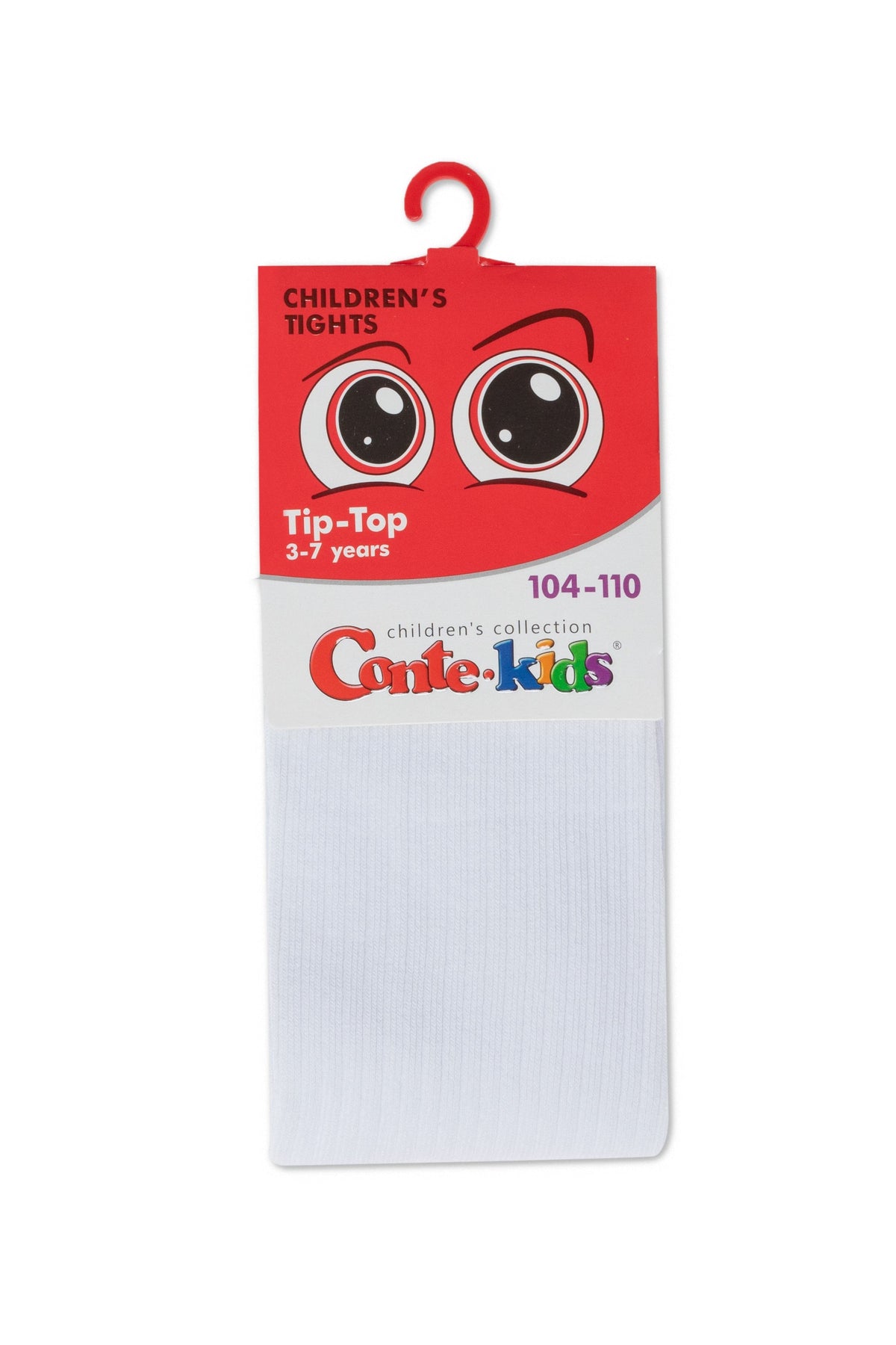 A pair of plain white children's tights packaged on a cardboard display card featuring a cartoon eye graphic at the top.