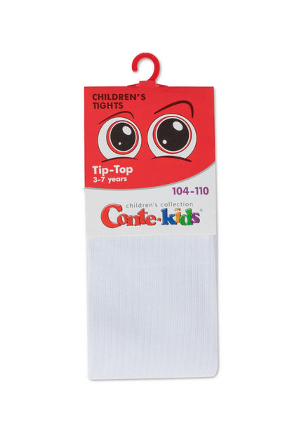 A pair of plain white children's tights packaged on a cardboard display card featuring a cartoon eye graphic at the top.