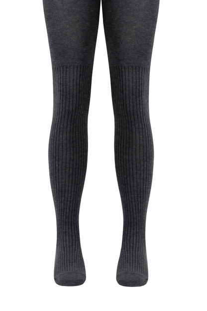 A pair of dark grey ribbed tights shown on legs against a plain white background.