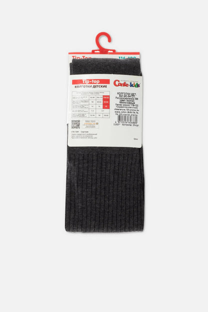 A pair of dark gray children's tights with a white product information label attached to the top.