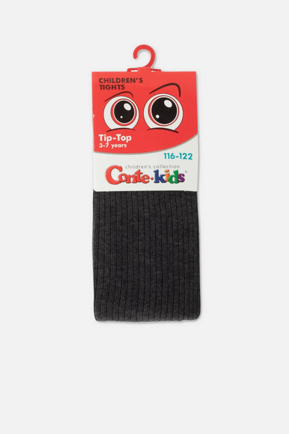 A pair of folded dark grey ribbed children's tights with a red header card featuring a cartoon eye graphic and the brand name Conte-kids.