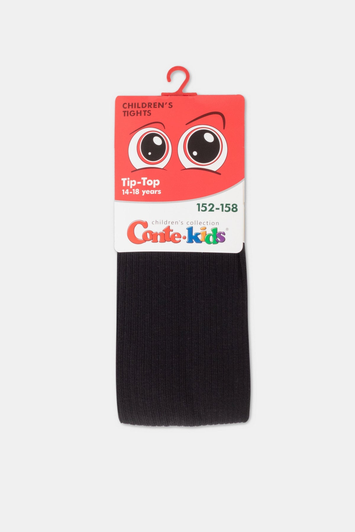 A pair of black ribbed children's tights hanging on a red plastic hanger with product packaging featuring cartoon eyes and the label Tip-Top 14-18 years 152-158.