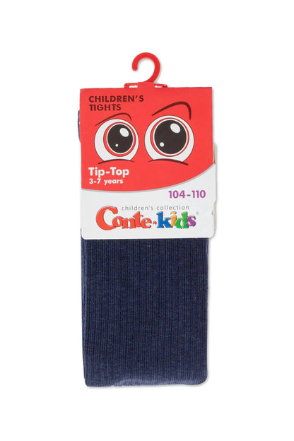 A pair of folded dark blue children's tights on a hanger with a red-topped branded product tag featuring an illustration of large cartoon eyes.