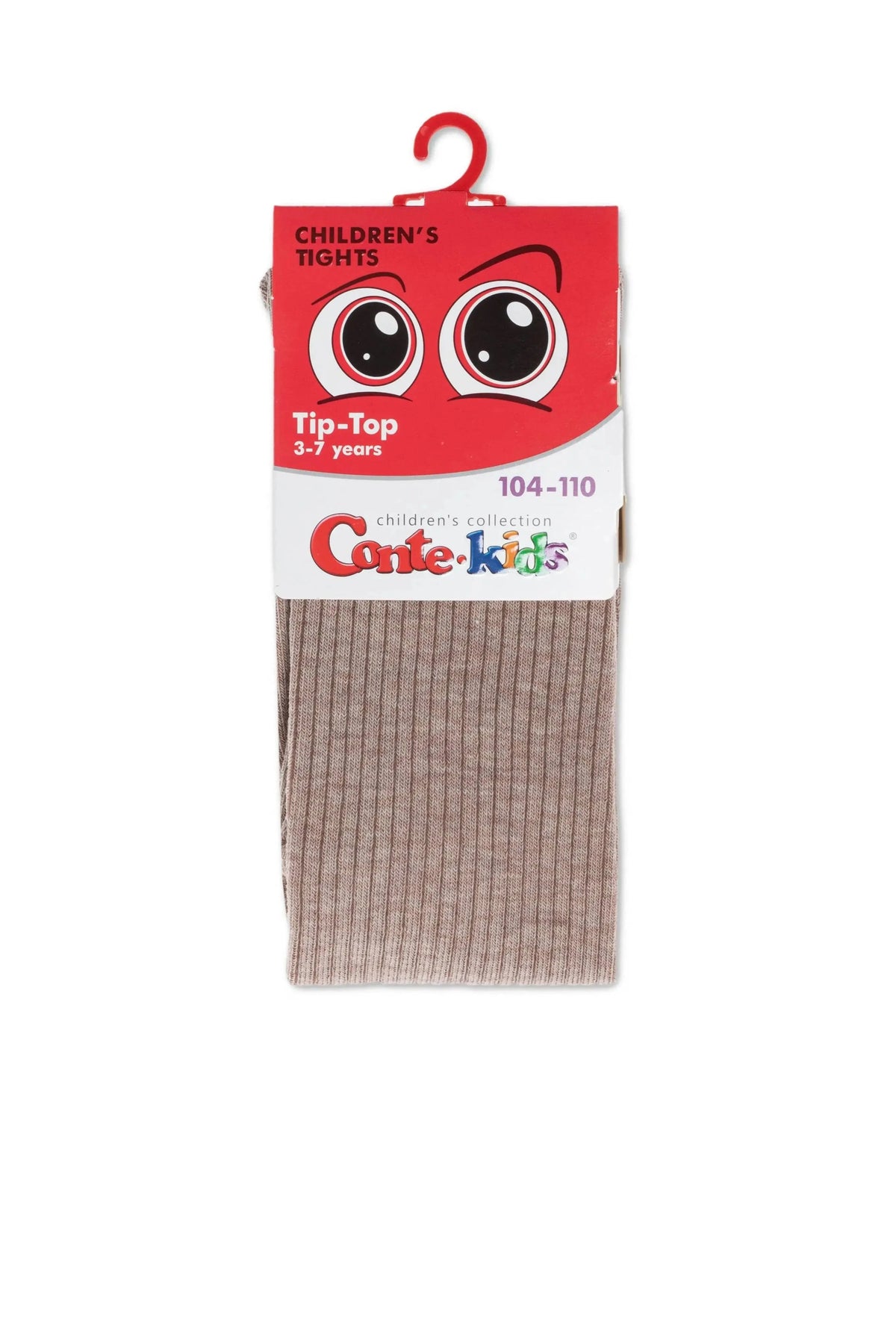 A pair of folded, ribbed children's tights in a light beige color, packaged with a red header card featuring a cartoon eye graphic and text.