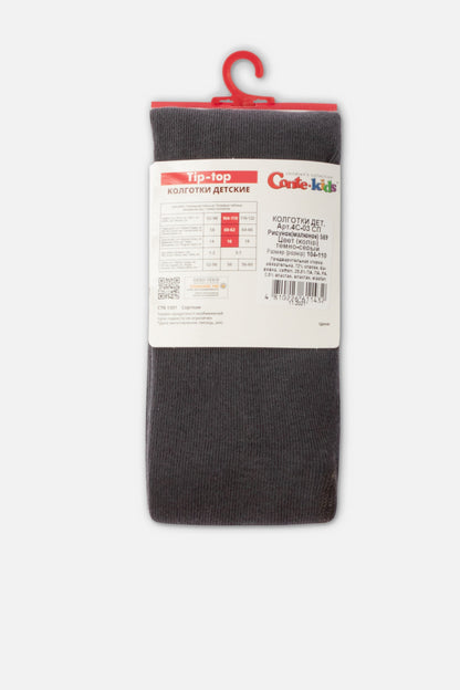 A pair of folded dark grey children's tights with a white product information label attached to the top.
