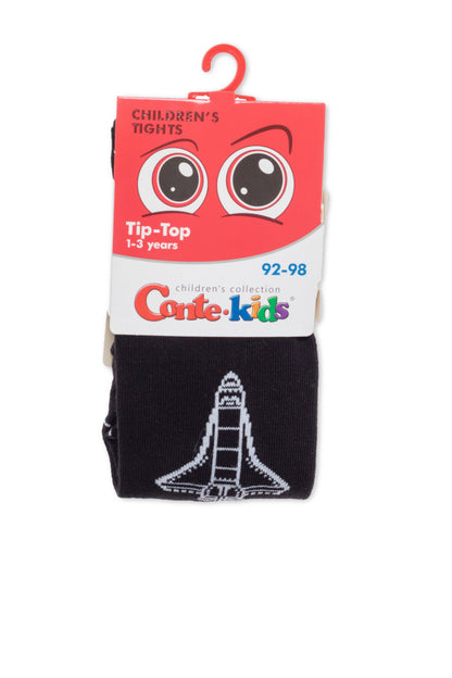 Black children's tights with a white outline graphic of a space shuttle, hanging from a branded display card.