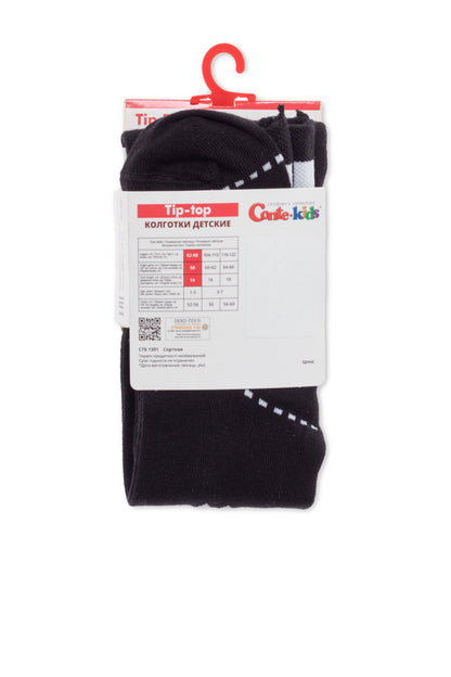 A pair of folded dark blue children's tights with white polka dot details, held together by a paper product information tag on a plastic hanger.