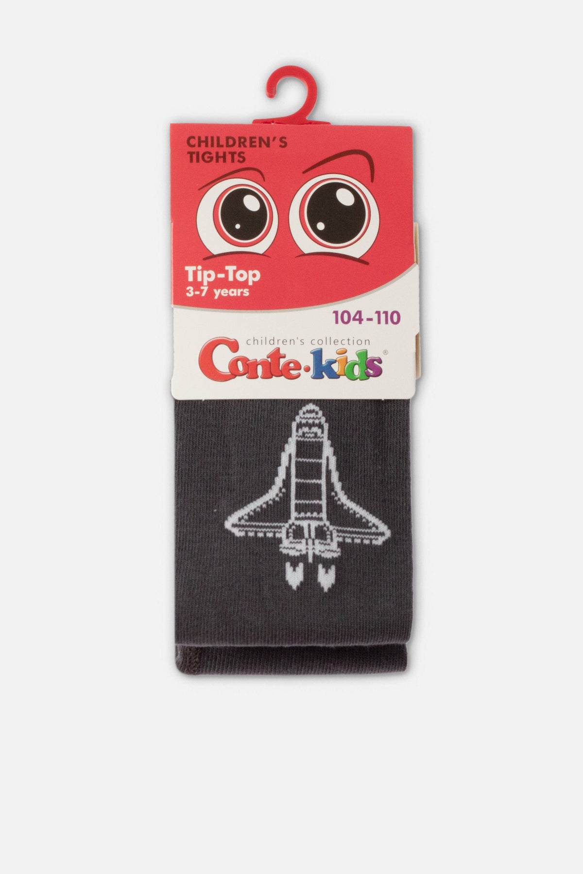 Grey children's tights feature a white knit space shuttle graphic and a cardboard hanger tag with illustrated cartoon eyes and the brand logo.