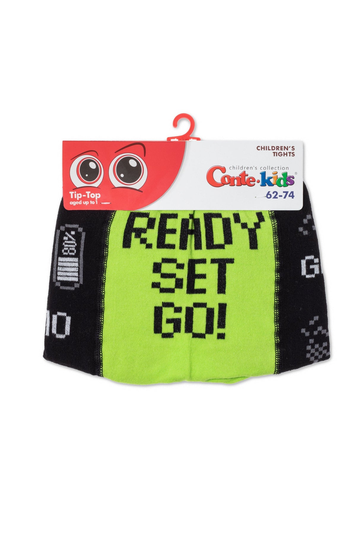A pair of folded children's tights features a bright green central panel with the words READY SET GO printed in black, flanked by black side panels with white pixelated battery and game-themed graphics.