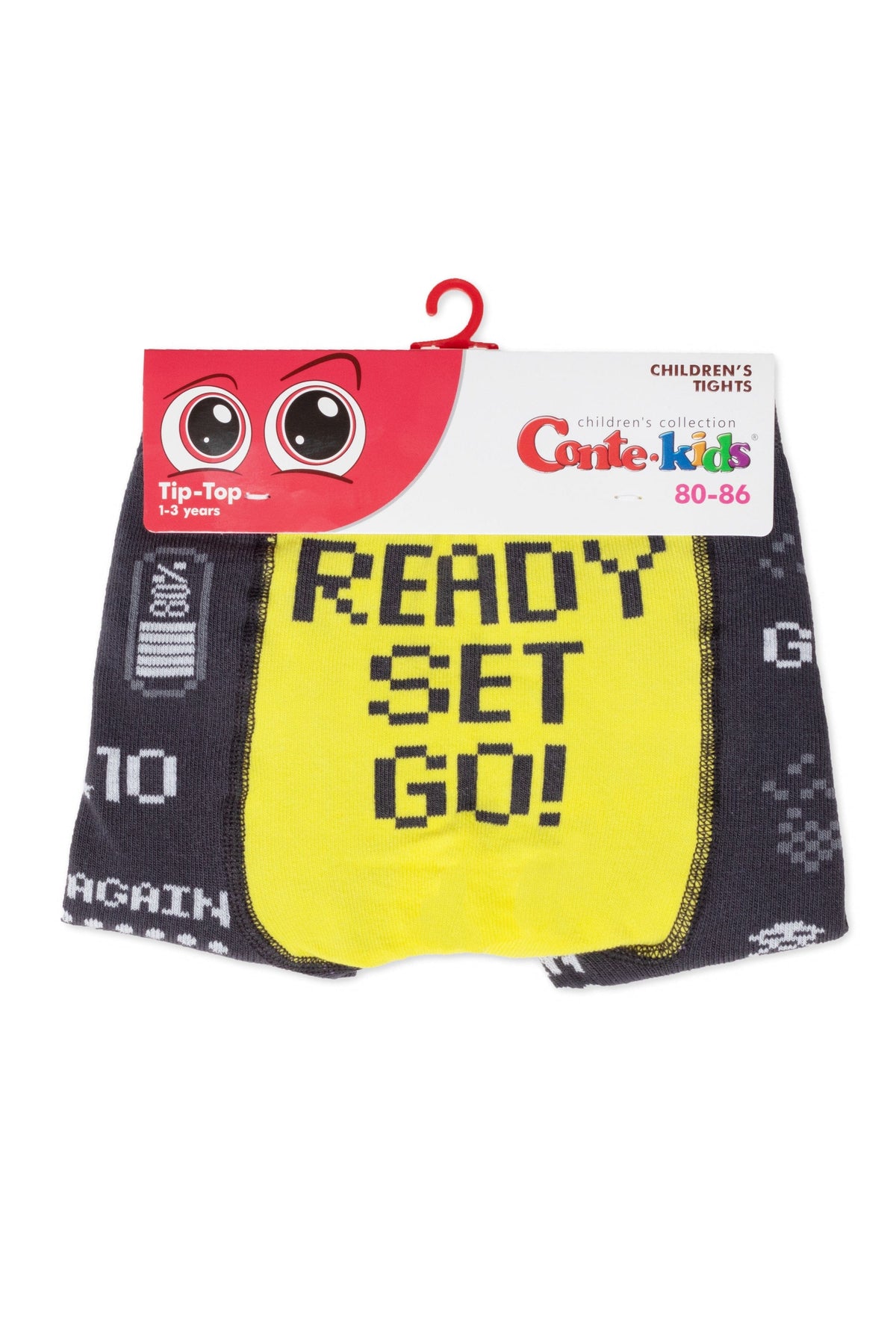 A pair of charcoal gray and yellow children's tights featuring a pixelated design with the text Ready Set Go on a yellow rectangular panel and battery icons on the sides.