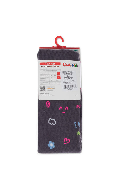 Grey children's tights with a repeating pattern of colorful icons including faces, hearts, flowers, and question marks.