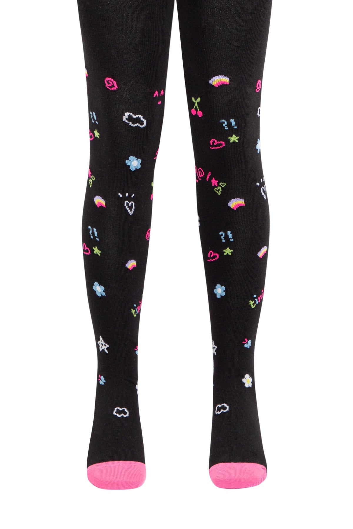 Black tights decorated with a colorful, scattered pattern of small icons including hearts, cherries, rainbows, stars, flowers, clouds, and exclamation marks, finished with solid pink toes.