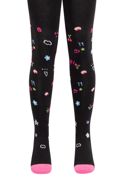 Black tights decorated with a colorful, scattered pattern of small icons including hearts, cherries, rainbows, stars, flowers, clouds, and exclamation marks, finished with solid pink toes.