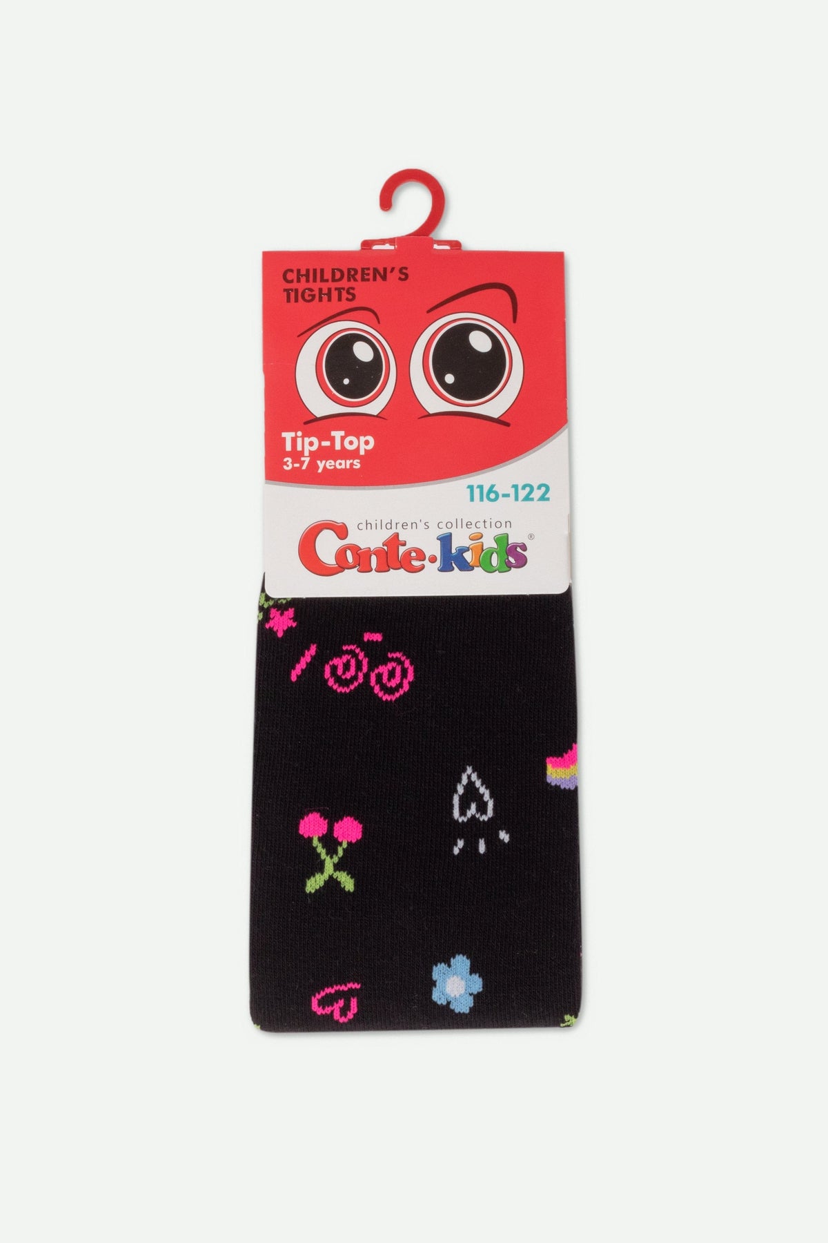 Black children's tights with colorful, small pixel-art style icons including cherries, hearts, and flowers displayed on their packaging.