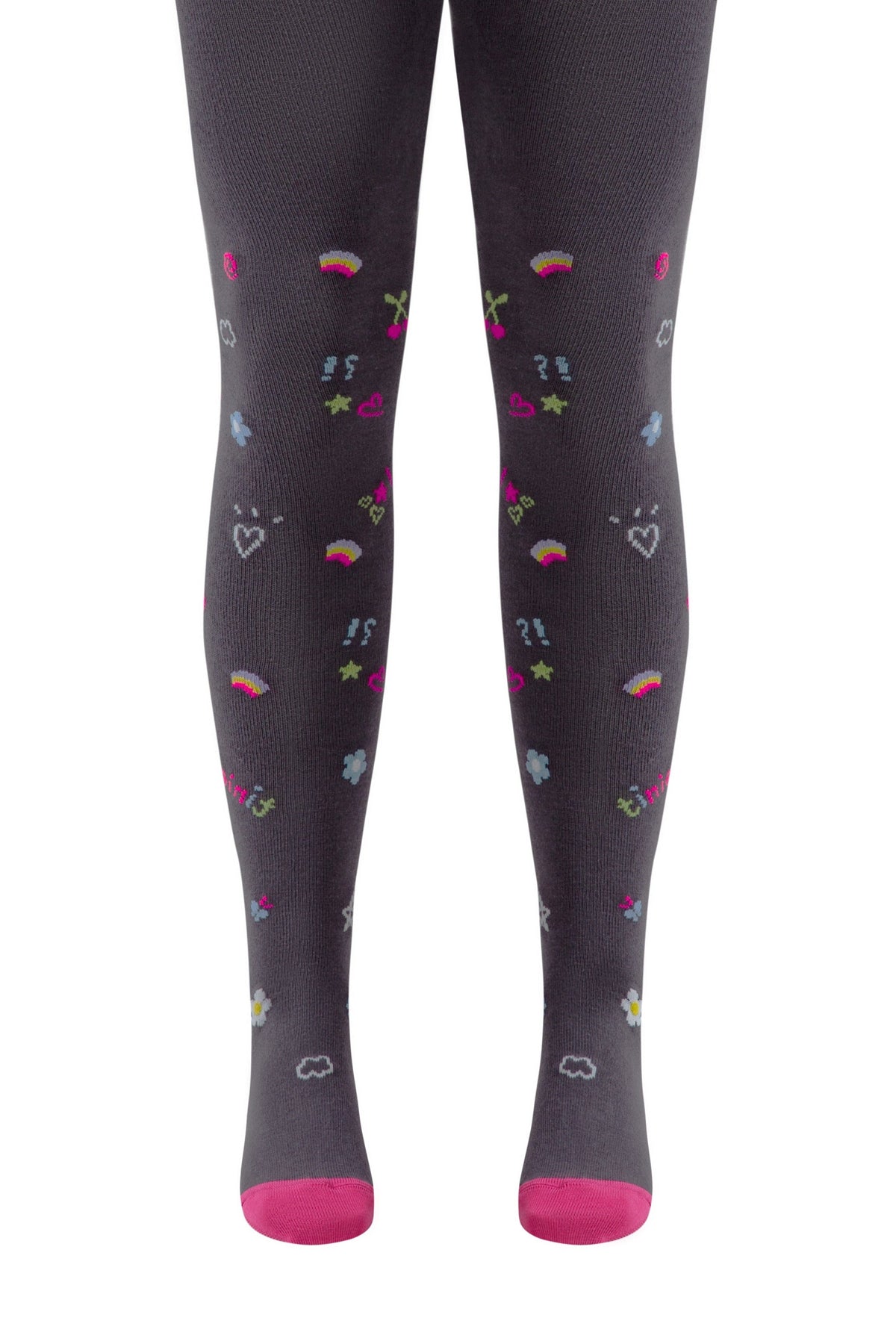 Dark grey leggings featuring a whimsical pattern of small colorful rainbows, hearts, cherries, stars, flowers, and exclamation marks, finished with solid pink toes.