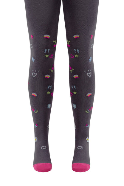 Dark grey leggings featuring a whimsical pattern of small colorful rainbows, hearts, cherries, stars, flowers, and exclamation marks, finished with solid pink toes.
