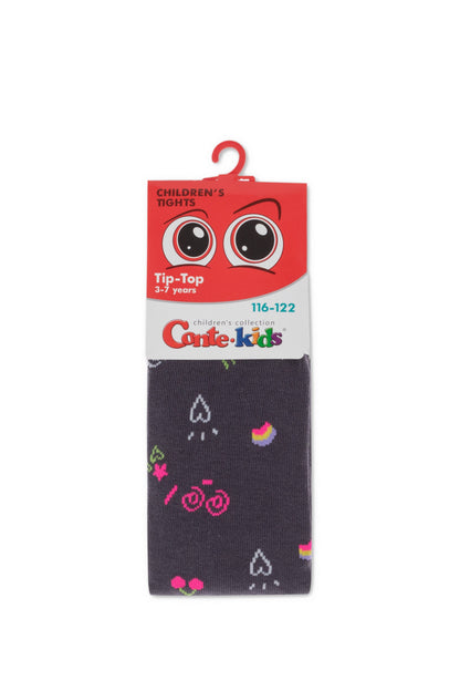 A pair of charcoal gray children's tights with colorful embroidered patterns of hearts, cherries, rainbows, and smiley faces packaged with a red label featuring cartoon eyes.