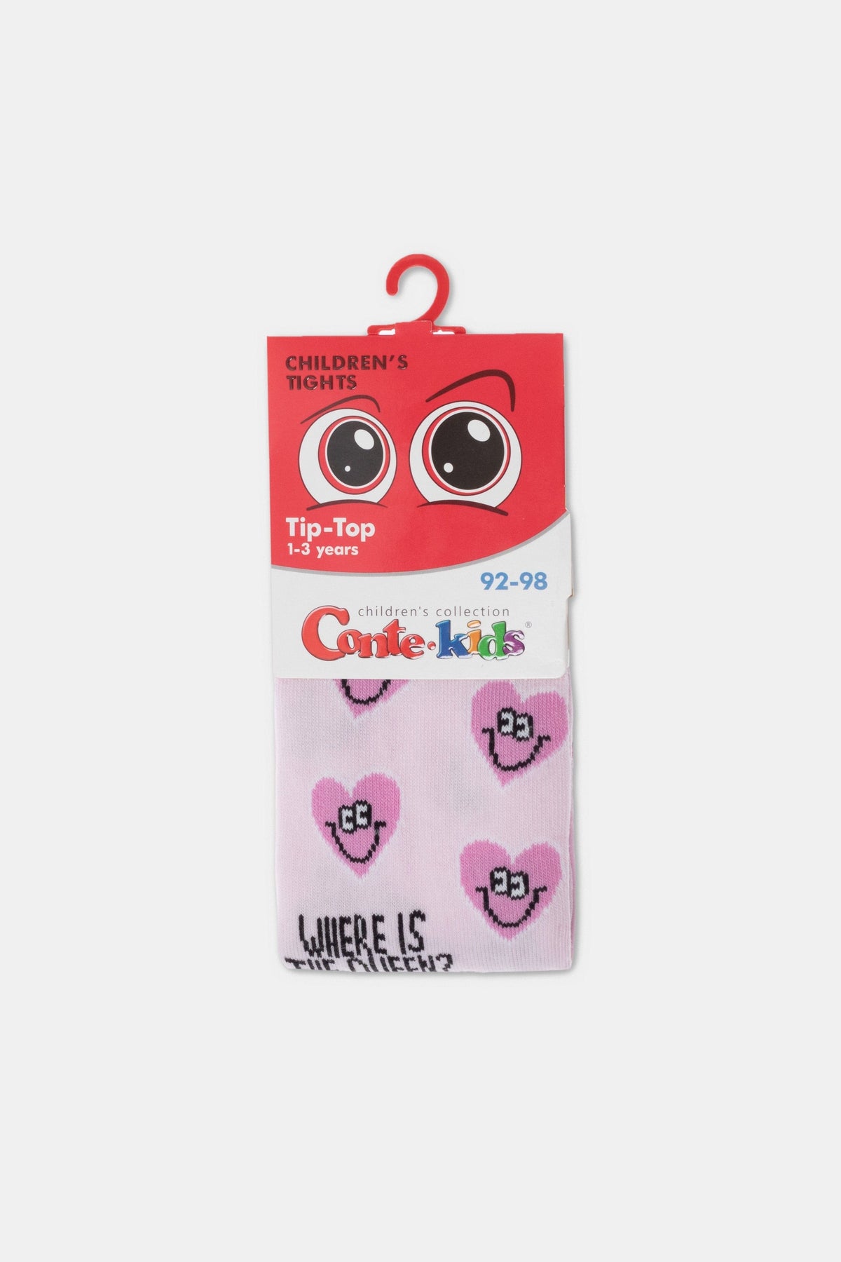 Light pink children's tights featuring a pattern of smiling pink heart faces and the text 'WHERE IS THE QUEEN?' near the hem, displayed on a red branded hanger tag.