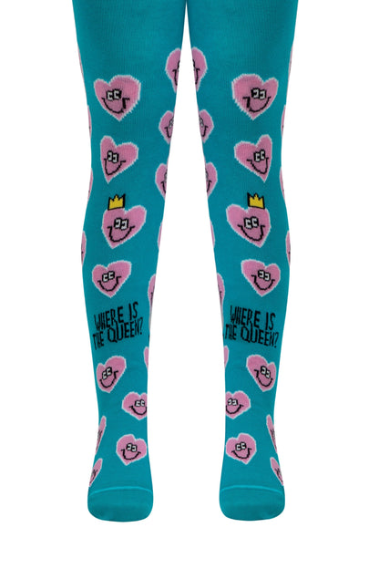 Teal tights featuring a repeating pattern of pink smiling heart icons and the text "WHERE IS THE QUEEN?" in black lettering.